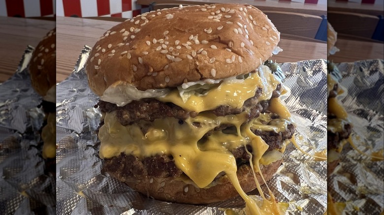 Five Guys cheeseburger with three meat patties.