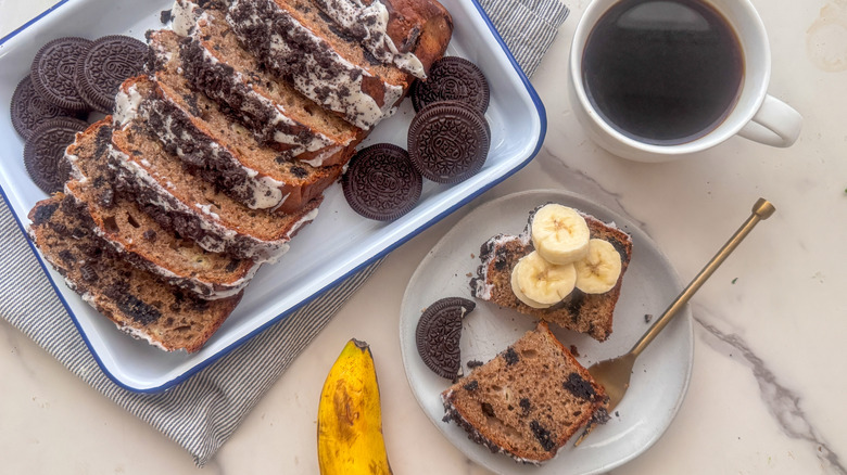 plate and tray of banana bread