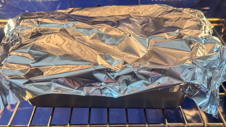 pan with foil in oven