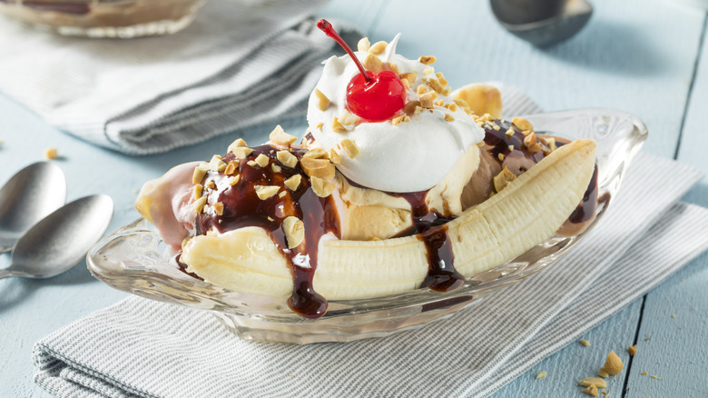Banana split in glass dish