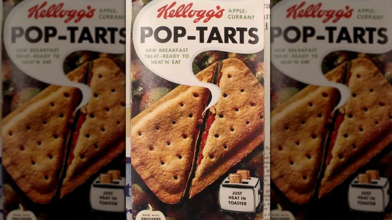 An advertisement for Kellog's apple-currant flavor Pop-Tarts, with the slogan "New Breakfast Treat -- Ready to Heart 'n' Eat"