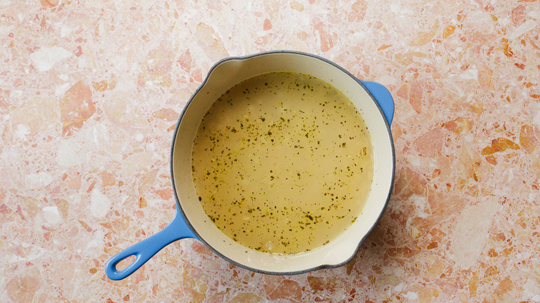 Dutch oven with chicken soup, orzo