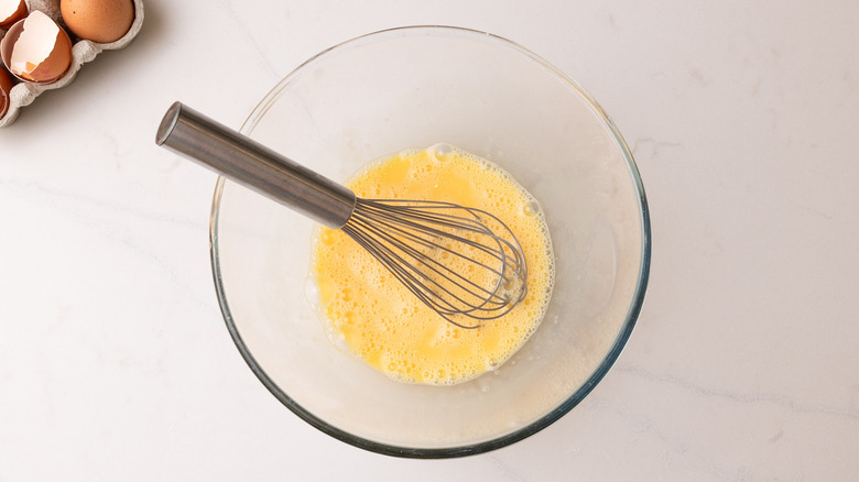 whisked eggs in a bowl
