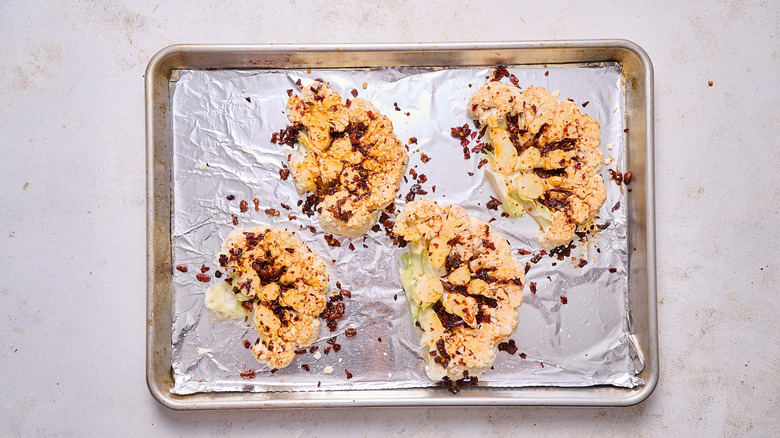 cauliflower steaks brushed with chili crisp
