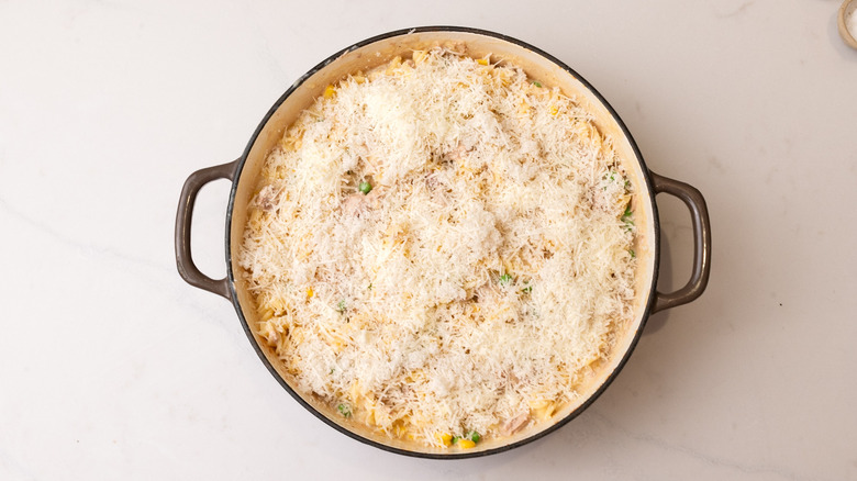 Tuna casserole topped with breadcrumbs