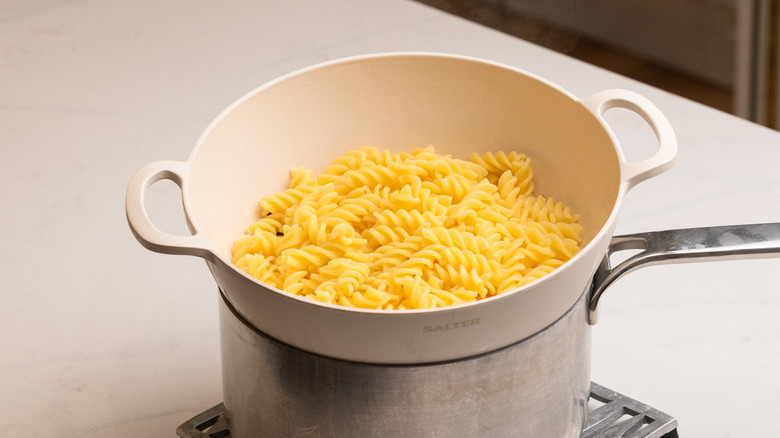 pasta draining in colander