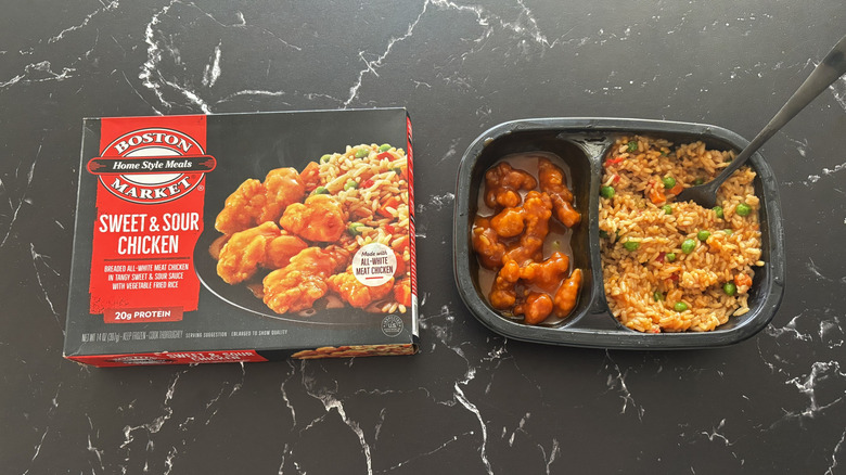 Boston Market sweet and sour chicken on black marble