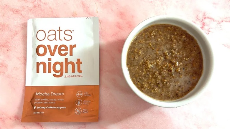 Oats Overnight Mocha Dream package next to bowl of prepared product