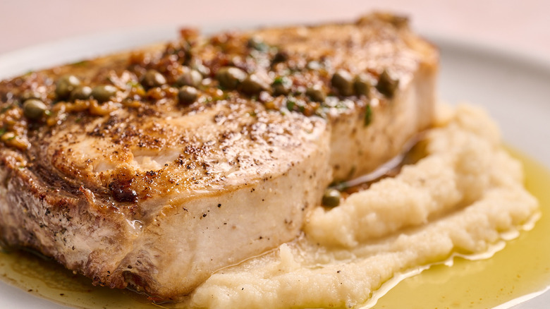 close up of the side of a swordfish steak