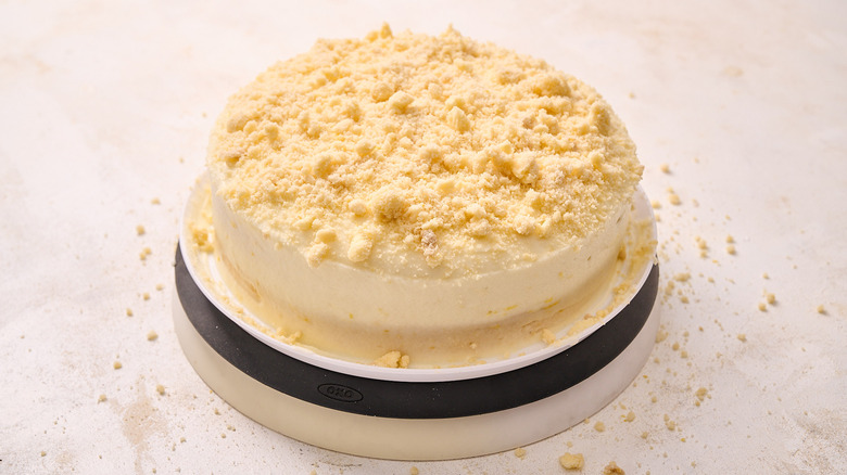 crumble spread across cake