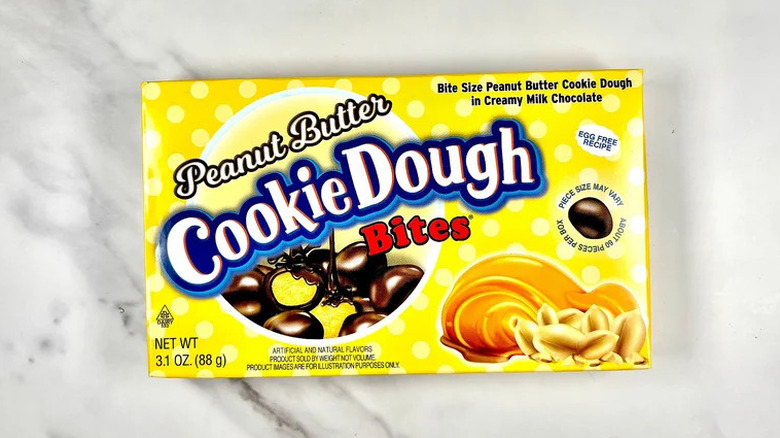 A yellow box of Peanut Butter Cookie Dough Bites