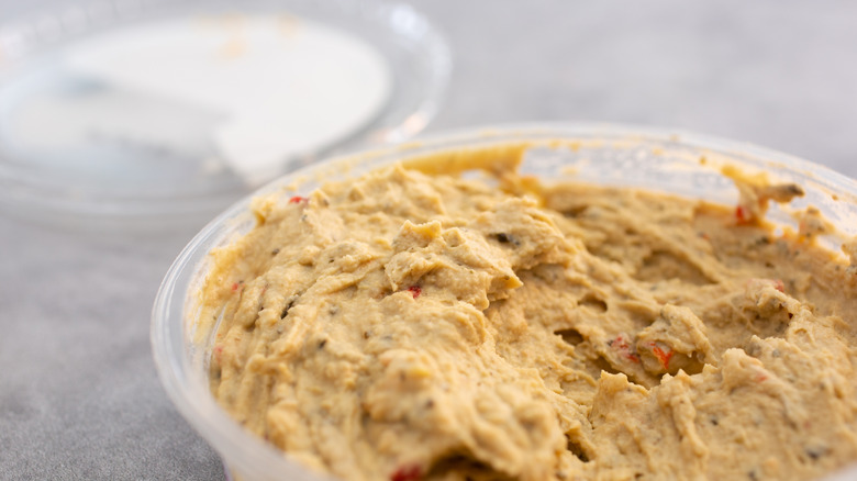 closeup view of store-bought hummus