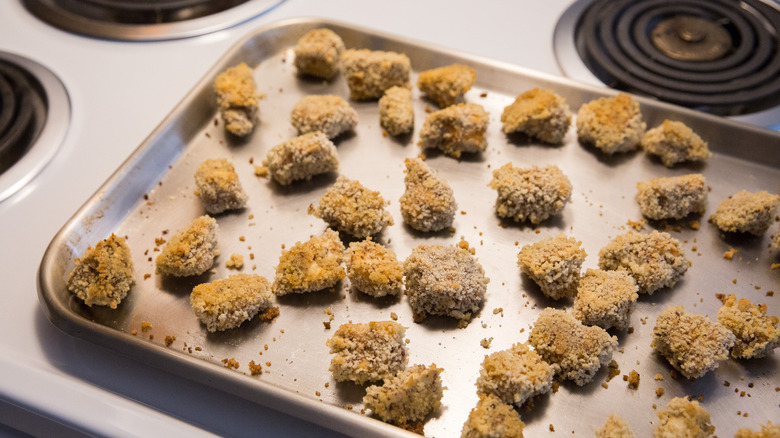 baked popcorn tofu in pan