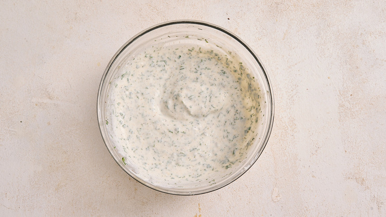 bowl of ranch dressing on a table