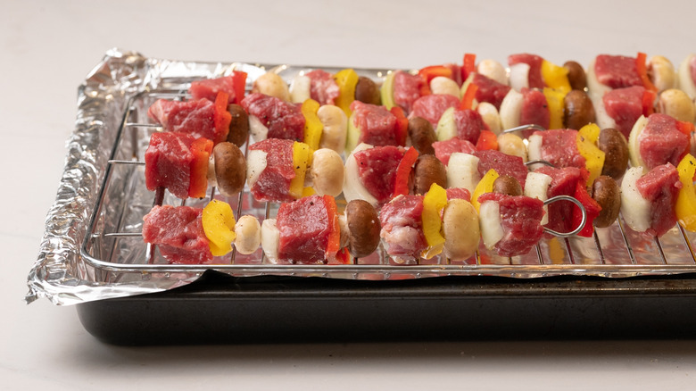 steak kabobs on oven tray