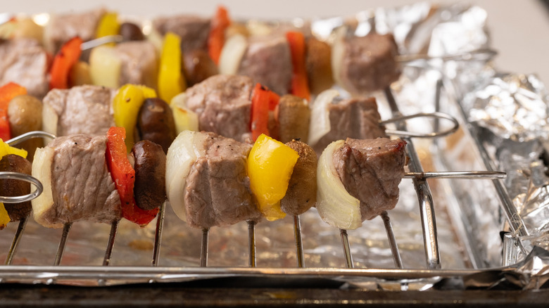 steak kabobs on oven tray