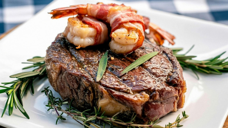 A steak topped with bacon-wrapped shrimp sits on a plate, surrounded by sprigs of rosemary and thyme.