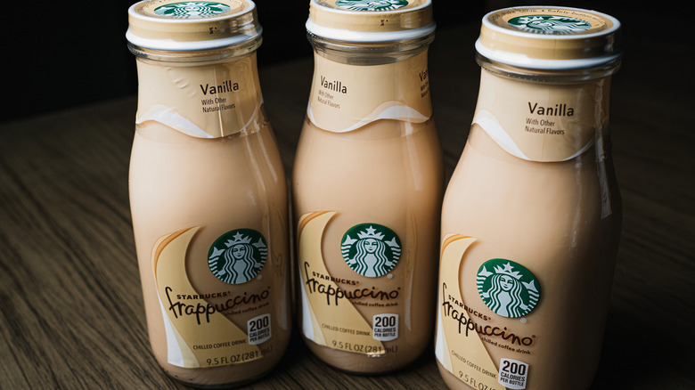Bottles of Starbucks vanilla frappuccinos
