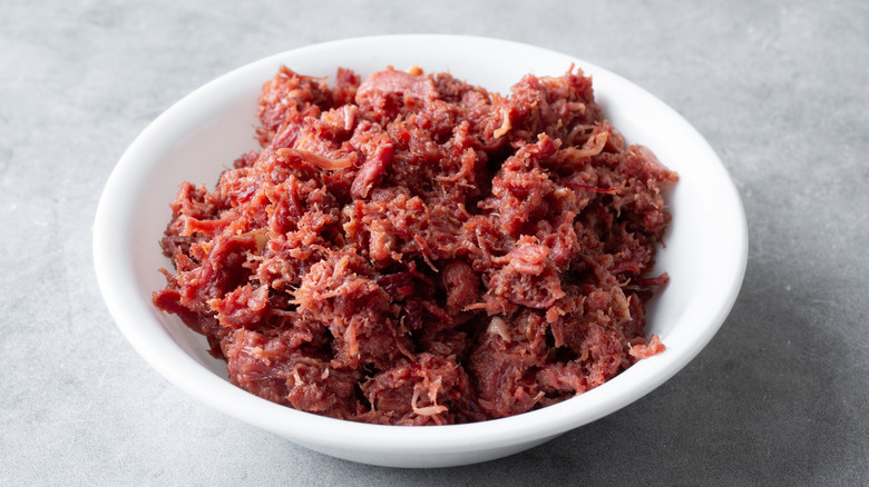 Bowl of cooked canned corned beef