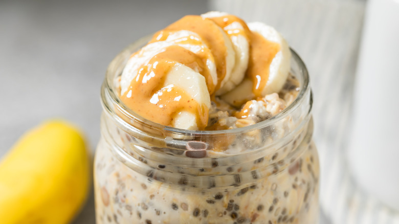 Banana overnight oats with chia in a mason jar