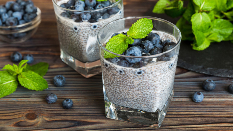 Chia seed pudding with fresh blueberries and mint