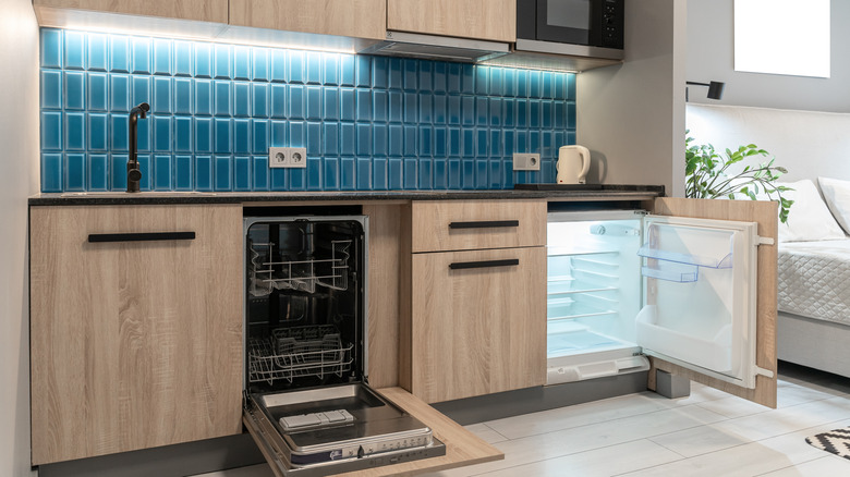 studio with blue backsplash