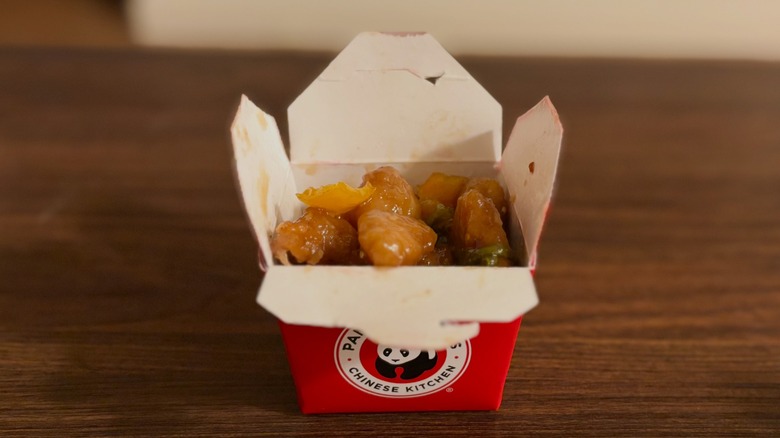 Panda Express small takeout box of honey chicken with veggies