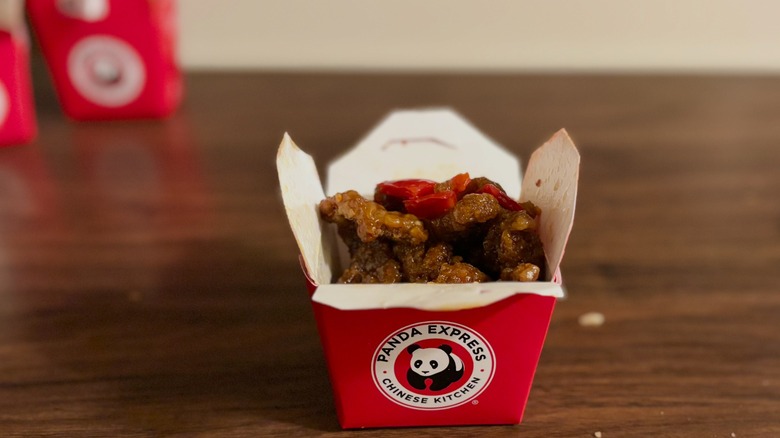 Red Panda takeout box full of beef and peppers