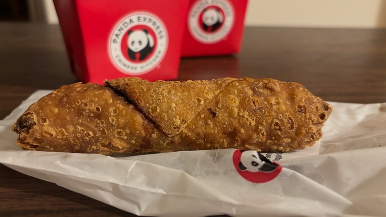 Chicken egg roll on white bag