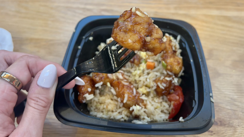 Panda Express orange chicken on a fork