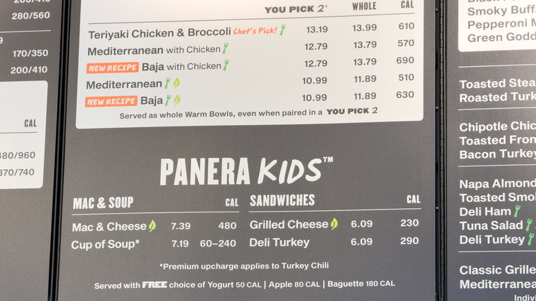 Panera Bread menu with calories on board