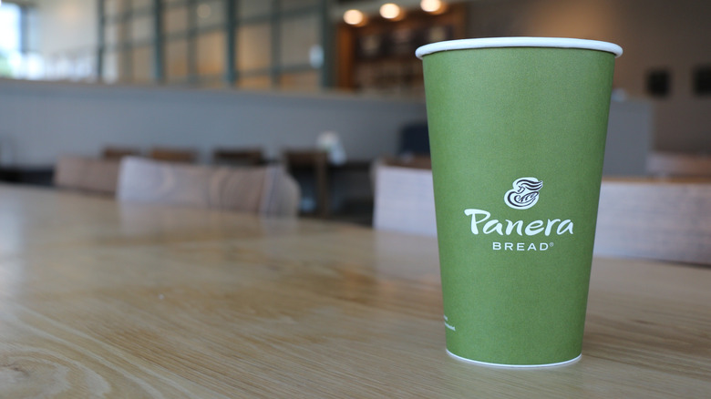 Green Panera Bread cup at restaurant