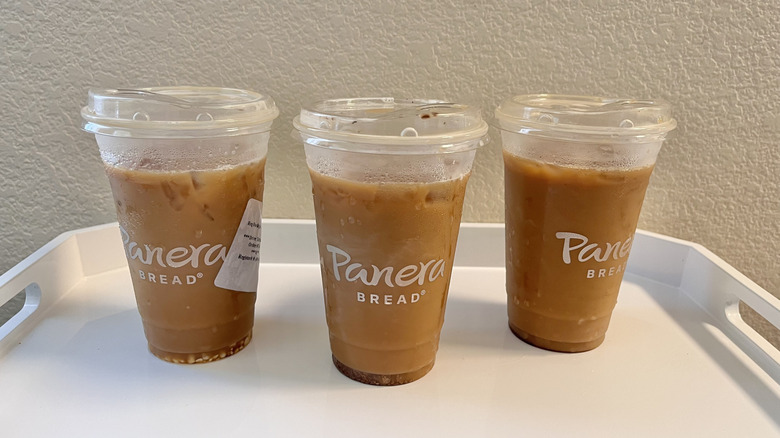 Side view of three iced coffee drinks