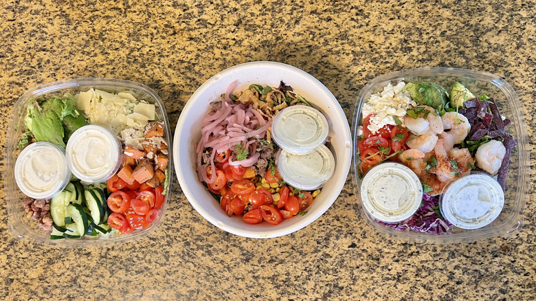 Top view of Panera Premium Salads on a counter