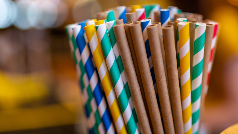 Close-up of a bundle of colorful paper drinking straws