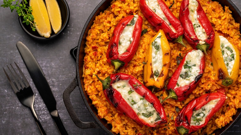 A pan of risotto with stuffed bell peppers
