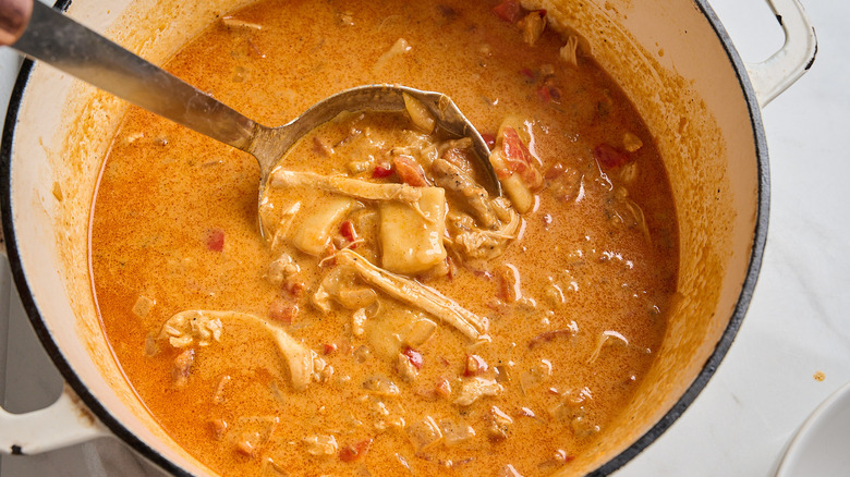 Ladle lifting soup out of a pot