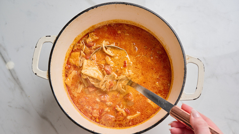 ladle lifting thickened soup out of pot