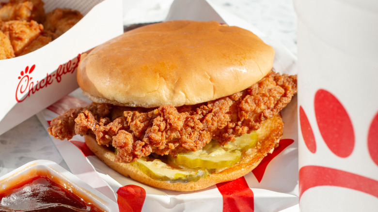 Chick-fil-A's signature chicken sandwich with visible pickles
