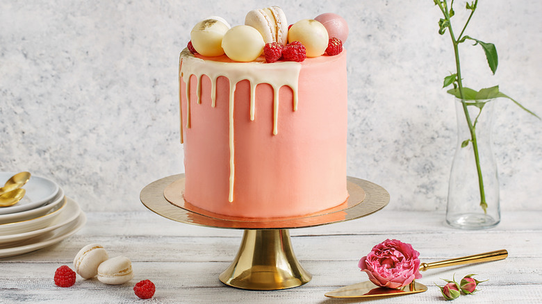 tall pink cake with macarons