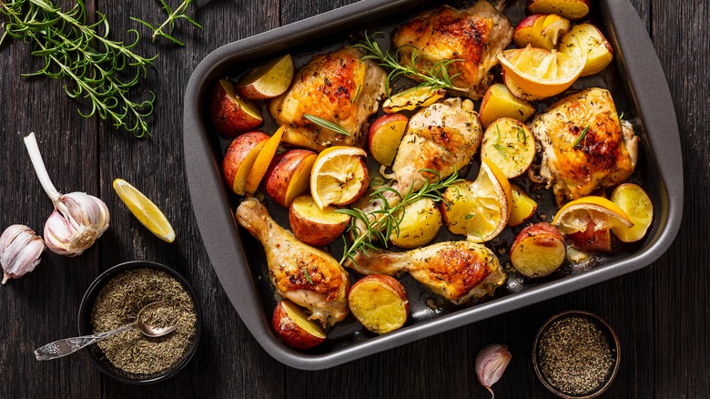 Sheet pan chicken, rosemary, garlic, and spices
