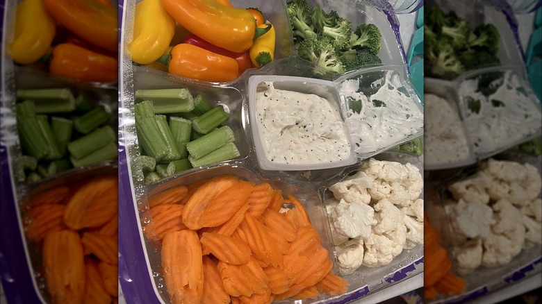 Costco Vegetable Tray with creamy dip in the center