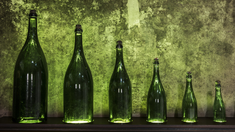 A display showcasing various sizes of wine bottles and their names
