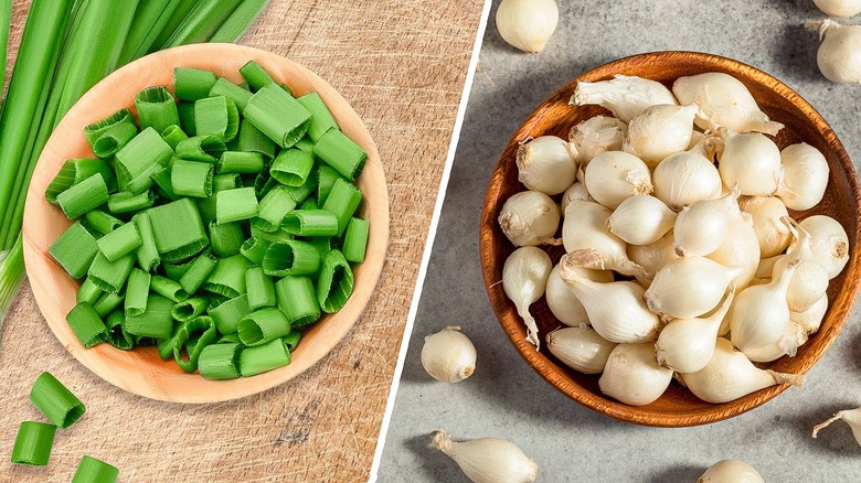 Split image of sliced spring onions and pearl onions