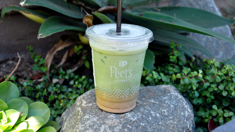 Iced Pumpkin Matcha Latte on a stone