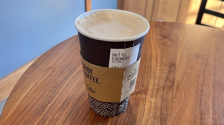 Espresso chai latte from Peet's on a wooden table