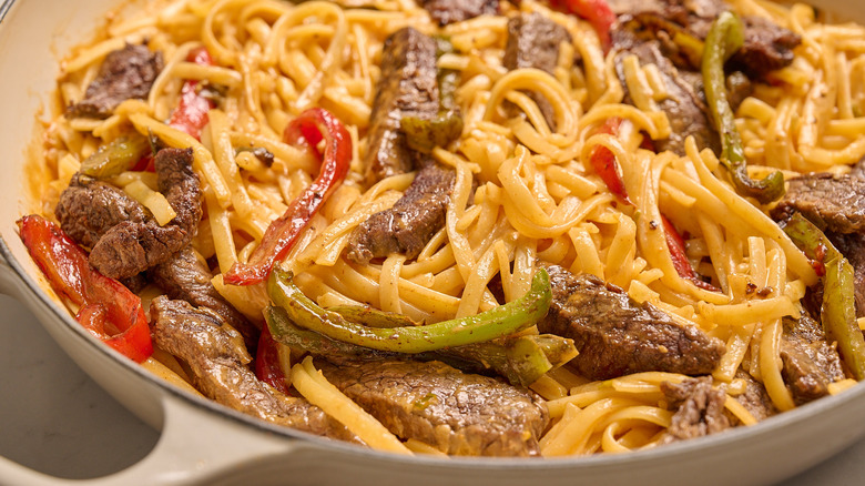 close up of pasta in a skillet