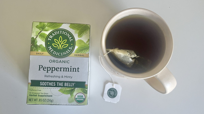 Traditional Medicinals organic peppermint tea in box and cup
