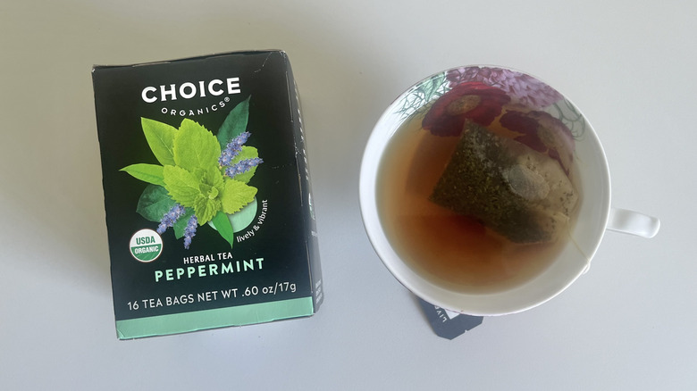 choice organics peppermint tea in mug and box