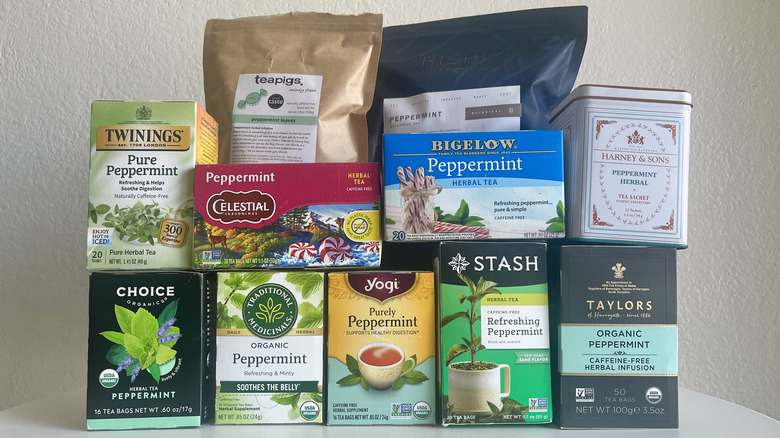 peppermint tea bags and packages stacked on a table